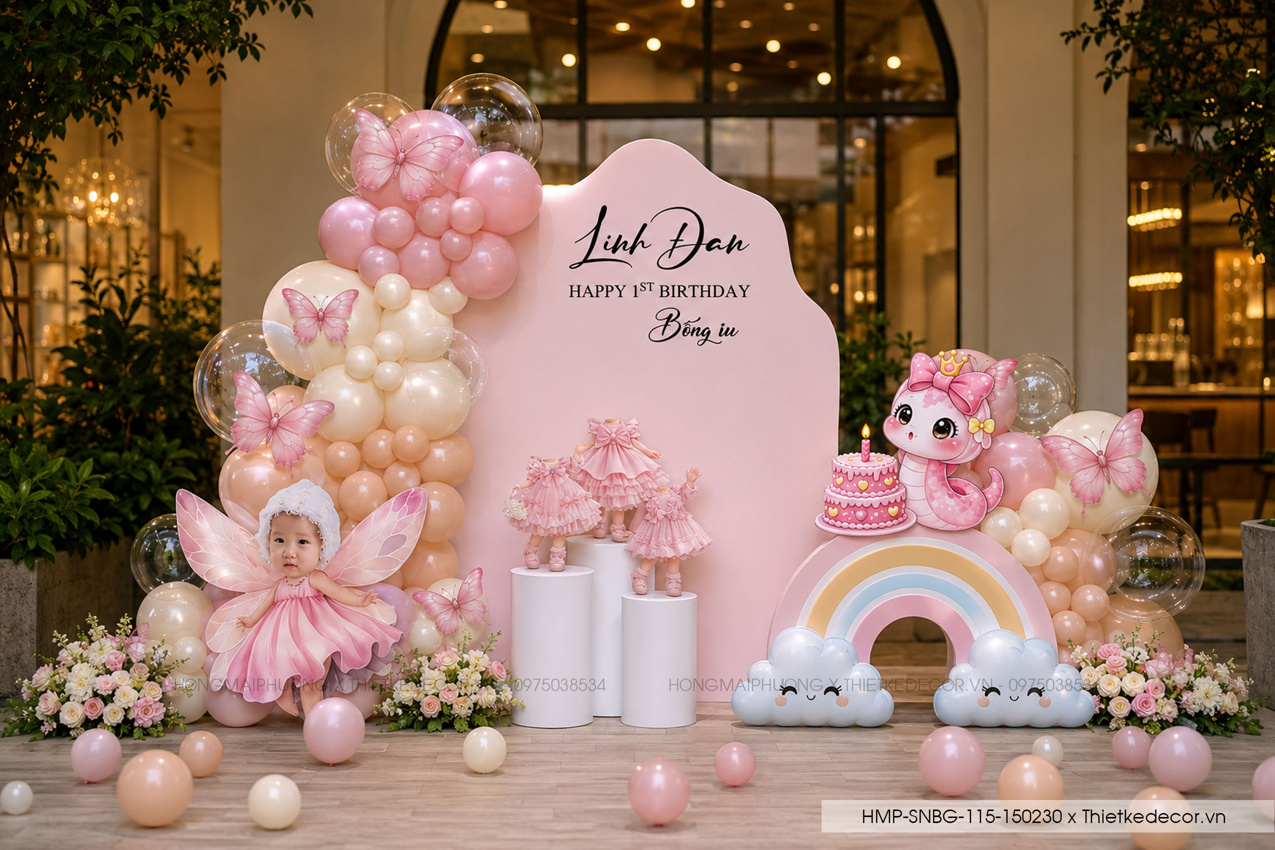 File thiết kế decor trang trí tiệc sinh nhật bé gái tuổi tỵ - rắn mix bướm, bong bóng cute dễ thương đáng yêu tone hồng
